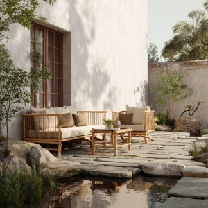 Create a serene outdoor lounge with minimalist bamboo furniture,...