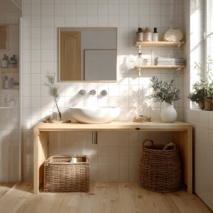 Create an image of a compact Nordic bathroom featuring a pine wo...