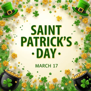 Create a festive and vibrant design featuring traditional Irish...