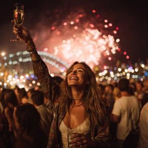A woman joyfully standing on a crowded Sydney Harbour promenade,...