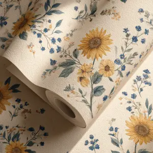 seamless farmhouse floral surface pattern, soft sunflowers, tiny...