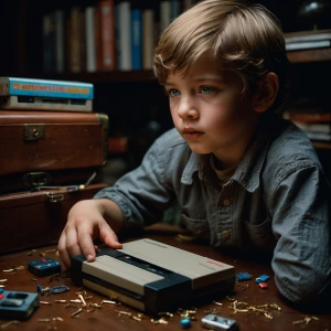 A young boy emerges from a dark, cluttered closet, holding a vin...