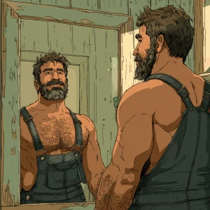Create an image of a muscular and hairy handyman admiring himsel...
