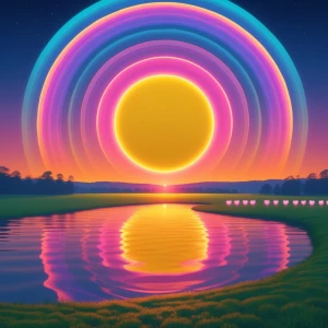 A vibrant, surreal landscape at sunset or sunrise, dominated by...