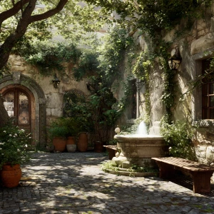 Create an image of a serene stone courtyard adorned with lush cl...