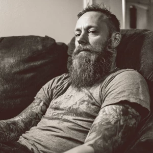 Hey, check out this dude with a beard and tattoos. He's sitting...