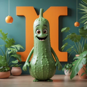 “Long green cartoon nenua/sponge gourd character in front of a l...