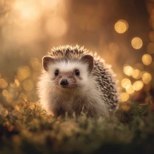 ultra-cute baby hedgehog sitting in soft woodland grass at golde...