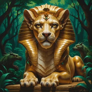 An opulent sphinx with shimmering gold fur and eyes that seem to...