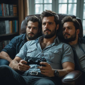 Make a picture of Woldu lying on the chair playing Tomb Raider o...