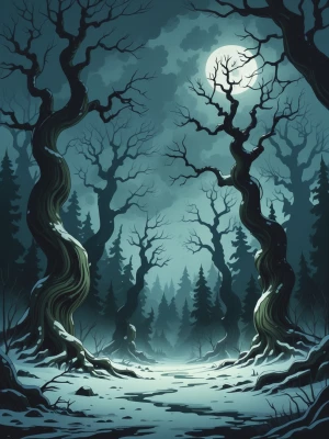Cinematic cartoon horror illustration. A dense, ancient forest i...