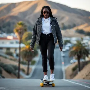 Black girl on a skate board in California stress free down a hil...