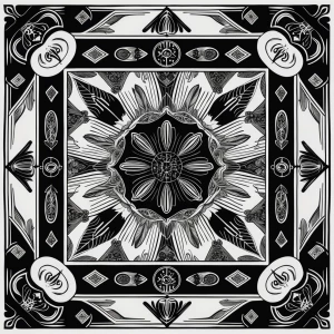 A black-and-white woodcut-style Vietnamese bandana pattern, feat...