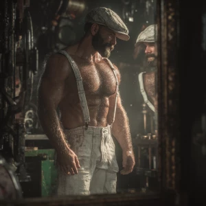 Generate an image of a muscular and hairy handyman without a shi...