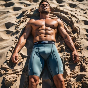 Man laying in the sand with skin tight compression shorts
