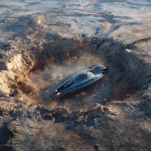 Illustrate the dramatic aftermath of a high-velocity, low-angle...