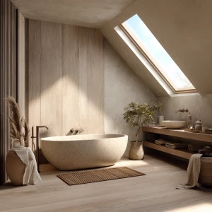 Create a captivating image of a luxurious Scandinavian bathroom...