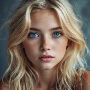 Girls with blonde hair blue eyes and with freckles showing off h...