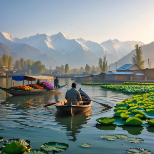 A man boating on Dal Lake in Kashmir during a peaceful morning....