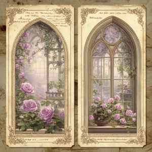Victorian Mauve Rose Window Cards – 2 Large Cards (Side-by-Side,...