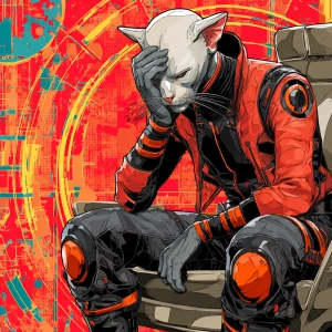 A humanoid cat character with a bald head, wearing a red and bla...