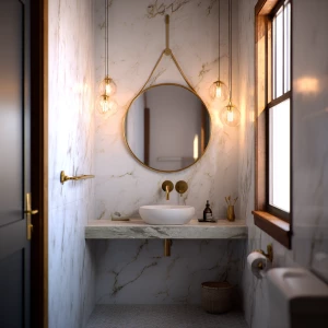 Create an editorial-style, real photo featuring a small bathroom...