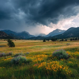 Create a cinematic wide shot of Rocky Mountain National Park dur...