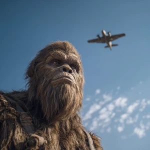 A humanoid looking hair covered Sasquatch with scraggly brown ha...