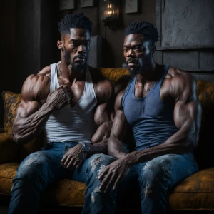 Two muscular men, John and Bobby, both with beards, displaying a...