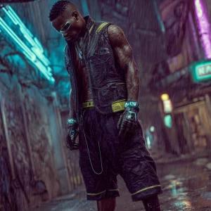 A cyberpunk street warrior, a fit Nigerian man in his late twent...