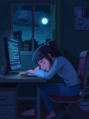 3D cartoon night scene of the woman in her small apartment, exha...