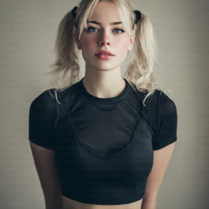 "Photorealistic 35mm half-body photograph of young Caucasian wom...