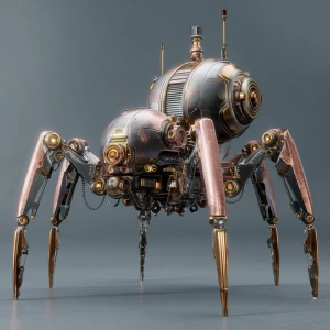 Generate a cybernetic spider droid with a cyberpunk aesthetic, s...