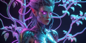 A shimmering, cybernetic Dryad with Victorian-inspired features...