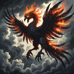 A mythological macabre phoenix, with charred feathers that flick...
