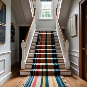 Striped wool runner linking stairs and upstairs landing