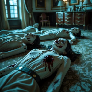 Lifeless bodies found in a luxurious room, faces frozen in horri...