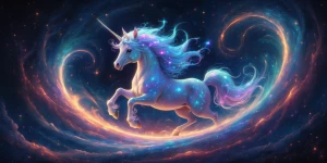 In a swirling whirlpool of cosmic hues, a whimsical unicorn-shap...