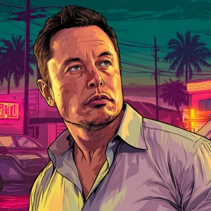 Elon Musk in GTA art style,  , gta style illustration, neon ligh...