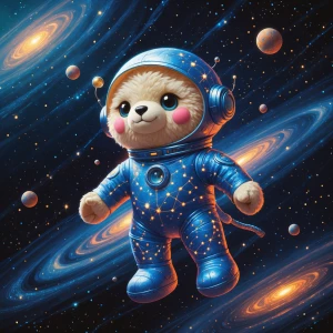 In a whimsically shimmering cosmos, an astral plush chrononaut d...