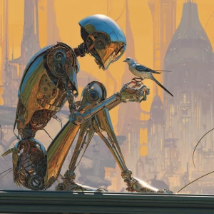 Retro-futuristic concept art. A sleek, chrome-plated robot with...