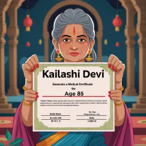 Generate a medical certificate for Kailashi Devi age 85, Date 20...
