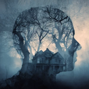 A Victorian gothic mansion in the moonlight, dead twisted trees,...