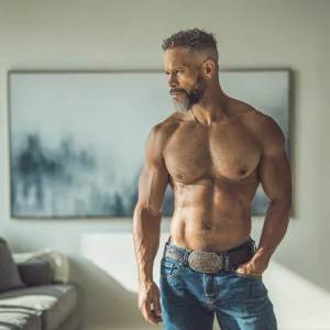 The image captures a strong, muscular man standing in a bright,...