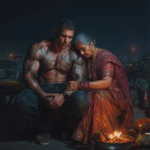 Hyperrealism,oil painting.a muscular beefy sweaty tattoed indian...
