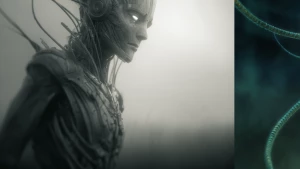 A complex eldritch android, its every line and curve intricately...