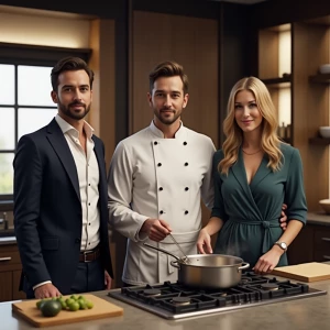 Design a hyper-realistic daytime talk show set in a kitchen for...