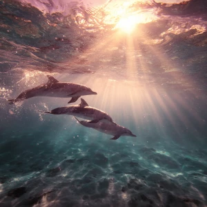 Baby dolphins chasing sun ray in the ocean water crest