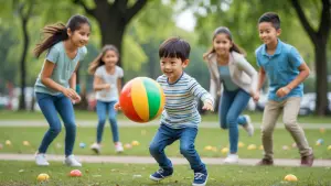 Create an image of a cute little boy bouncing a colorful ball in...