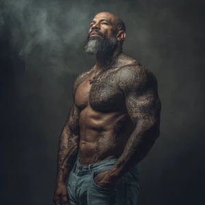 Create an image featuring a muscular, bald man sporting a full b...